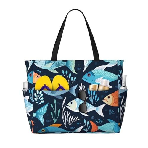 Fishes Pattern Beach Bags For Women Large Waterproof Sandproof Beach Tote Bag Pool Bag Lightweight Zipper Carry On Bag For Gym Travel Vocation