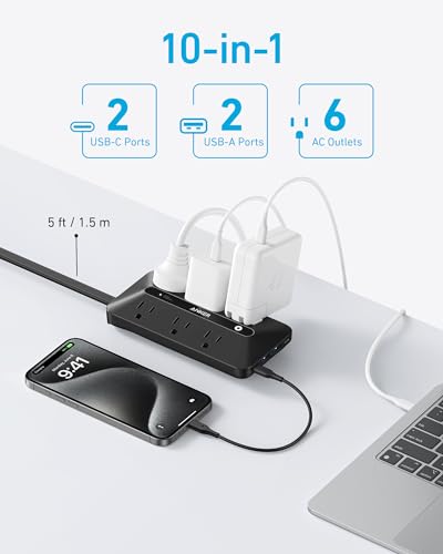 Anker Flat Plug Power Strip 300J with USB Ports, 10-in-1 Ultra Thin Power Strip with 6 AC, 2 USB-A and 2 USB-C Ports,5feet Extension Cord, Desk Charging Station,Home Office College image 3