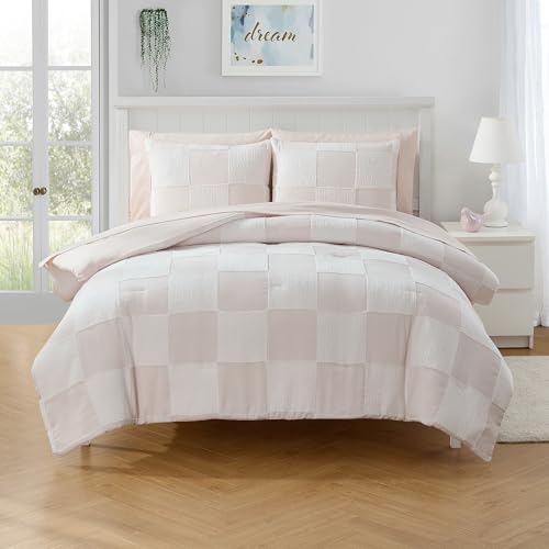 Image of Kids Comforter Set Bedding Set Bed in a Bag for Boys and Girls Toddlers Printed Sheet Set and Comforter, Full, Chenille Checkered Blush Pink