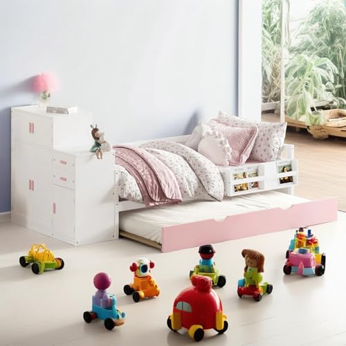 Twin Size Wood Platform Bed with Sample Bookshelf and Movable Storage, Multifunctional Platform Bed with Built-in Trundle Bed, No Box Spring Needed/Easy Assembly (Pink)