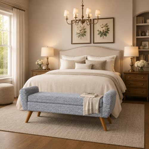 Image of HomePop 60 inch Modern Storage Bench with Wood Legs - Blue Gray Woven Fabric