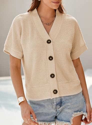 Image of Dokotoo Womens Summer Tops 2026 Waffle Knit Button Down Shirts Casual V Neck Short Sleeve Shacket Jacket Dressy Blouses