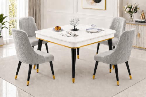 Image of WOODEN SPACE 4 Seater Wooden Dining Table Set | Urban Marble Top Dining Table with Chairs for Dining Room & Kitchen (Modern Vento Light Grey) (42 x 42 x 30 inch)