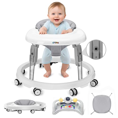 Image of Baby Walker with Wheels, One-Touch Folding Baby Walkers with Height Adjustment and Brake, Portable Walker for Baby Boy Girls 6-18 Months, Grey