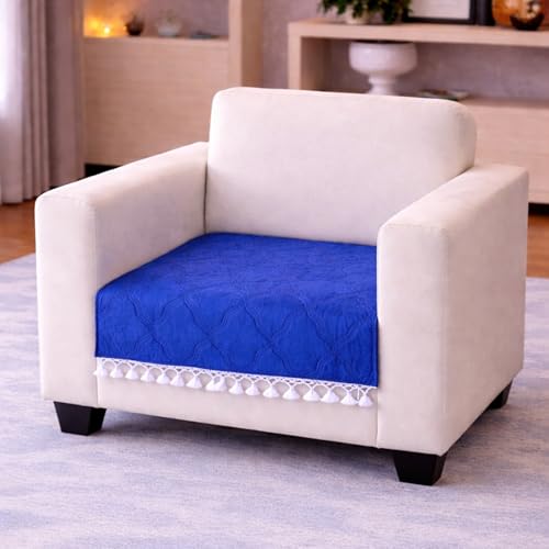 Image of Cortina Velvet Sofa Cover with Tassels | Sofa Couch Protector | Machine Washable Sofa Topper (Blue, 1 Seater)