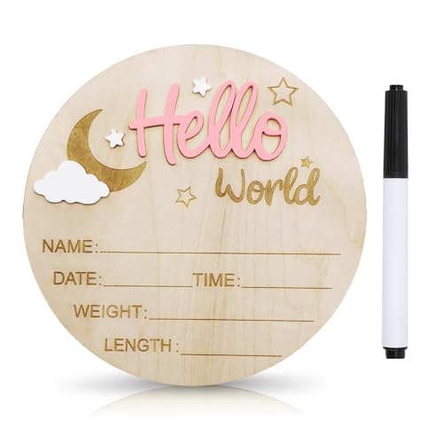 Baby Announcement Sign, 5.9 Inch Wooden Hello World Newborn Signs, Birth Announcement Sign and Pen, Moon and White Cloud Decoration, Welcome Newborn Arrival to World, Hospital Nursery for baby (Pink)