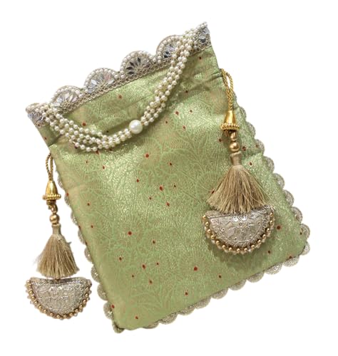 Image of MILAN'S CREATION Pure Banarasi Potli Silk Brocade Bag Purse Drawstring Women's handbag with Pearl Handle & Tassel Weddings