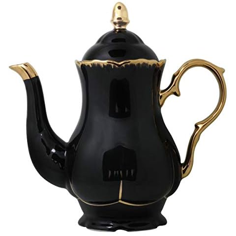 Jomop Ceramic Tea pot with Gold Trim Elegant Profile Decoration Extra Large Black Housewarming Gift for Tea Lovers 4-6 Cups (1, Black) Cover