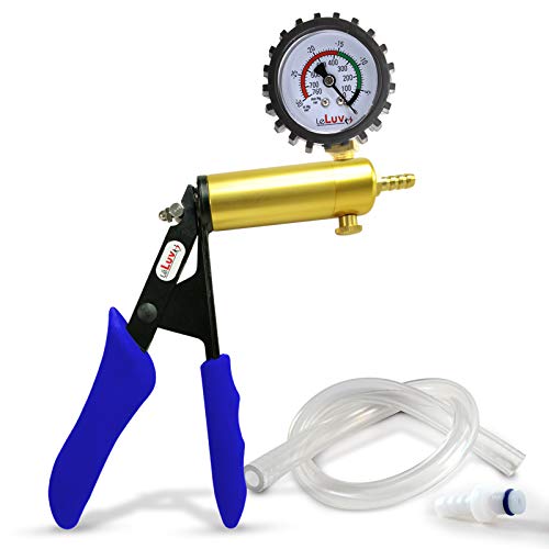 LeLuv Ultima Blue Vacuum Pump - Aluminum Alloy &amp; Brass Handle Manual Hand Vacuum (0-30 Hg, 0-760 mmHg), Gauge Installed with Protective Rubber Cover, Silicone Padded Grips with Clear Hose &amp; Fitting