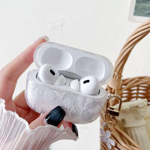 Image of MINSCOSE for with AirPods Pro 2 Clear Case,Cute Flower Floral Aesthetic Design with Flowers Keychain, Soft TPU Protective Shockproof Case for Women Girl for Airpod Pro 2-White