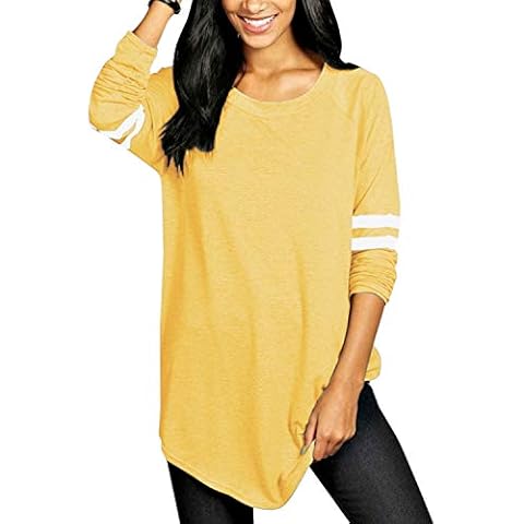 VONDA Pullover Damen Langarmshirt Basic Oversize Shirt Baseball Longshirt Oversize Langarm Oberteil Farbblock Tunika A-Gelb S Cover