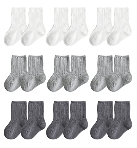 Image of Whteian Baby Cotton Crew Socks Unisex Baby Sock Soft Cozy Ankle Socks for Newborn Infant Toddlers Kids 0-36 Months (（3Pairs Grey ，3Pairs white ，3Pairs dark grey）, s)