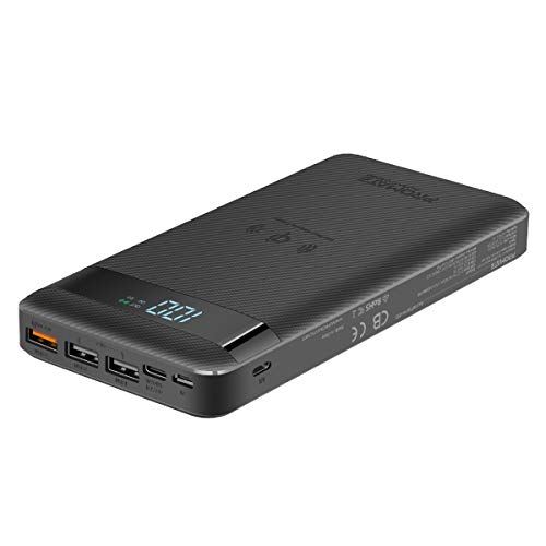 Promate Chargeur Qi sans Fil 20 000 mAh - Chargeur Qi 10 W avec entrée Lightning/Micro USB - QC3.0 - Trois Ports USB avec Alimentation 18 W - Port d'entrée/Sortie de Type C pour Smartphones
