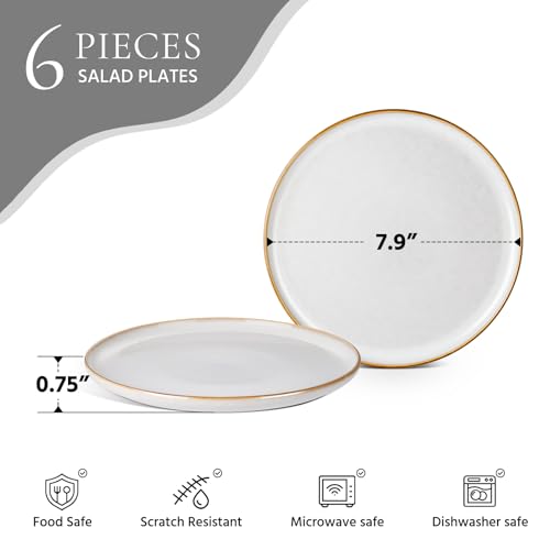 Image of E-far 8 inch Ceramic Salad Plates Set of 6, Reactive Glaze Stoneware Dishes, Round Dessert Plate for Home Kitchen Restaurant, Microwave & Dishwasher Safe - Seashell White