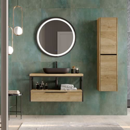 Mueble de Baño Suspendido Diseño Industrial Kirt | Mueble Baño Volado de Encimera Madera con Estructura Negra Estante Inferior y Cajón | Roble Natural | 100cm