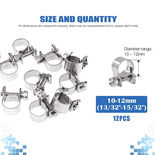 Glarks 12Pack 10-12mm Stainless Steel Mini Fuel Injection Hose Clamps Adjustable Pipe Hose Clip Tube Clamps Set (13/32''-15/32'' Dia) - Image 2