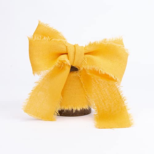 Vitalizart Yellow Cotton Linen Ribbon With Spool 1.5" X 5Yd Handmade Fringe Frayed Fabric Cloth For Wedding Invitations, Bridal Bouquets, Gift Wrapping #TOP5