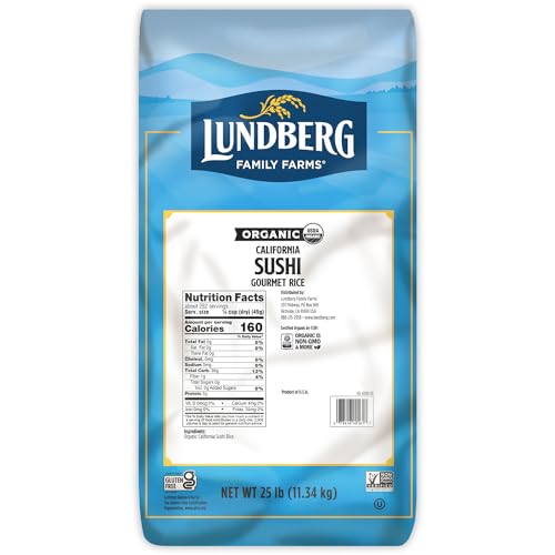 Lundberg Organic Sushi Rice, Bulk, Sticky White Japanese-Style Short Grains, Responsibly Grown in California, 25 Lbs