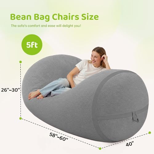 Image of 5FT Bean Bag Chair 5'Giant Bean Bag Chairs with Adults, Large Beanbag Chair | Bean bag Lounger with Machine Washable Cover Fine Corduroy Fabric, Comfy Chairs for Living Room Bedroom Dorm, Lightgrey