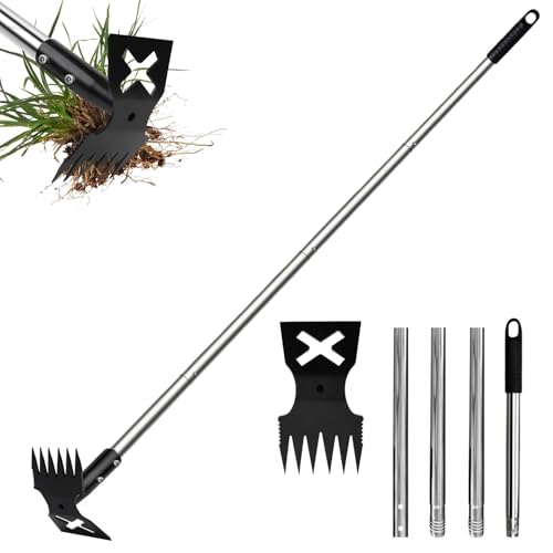 Ousinby Extractor de malezas, herramienta para eliminar malas hierbas con mango largo de 150 cm, herramientas de jardinería 2 en 1, rastrillo manual y azada de jardín, tirador de deshierbe resistente
