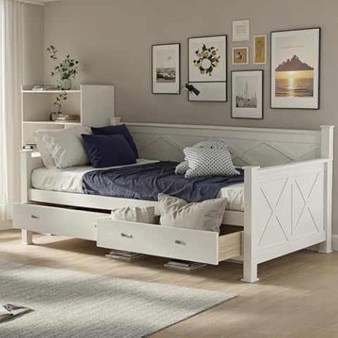 UOCFYK Twin Size Daybed with Storage Drawers, Solid Pinewood Bedframe for Boys/Girls/Teens Bedroom, No Box Spring Needed, White Cover
