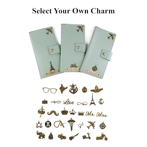 Image of AICA Personalized Name & Charm Long Leather Wallet Passport Cover (Mintgreen) with Passport, Boarding Pass, Currency, Card Slot & Coin Holder for Men & Women | Diwali Gifts for Family and Friends