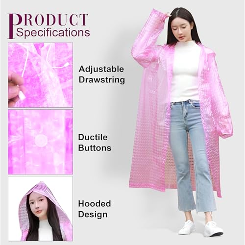 Image of HACER Hooded Raincoat for Women EVA Waterproof Full Length Long Sleeves Lightweight Rainwear with Hood for Adults Camping Hiking Trekking (Pack of 1, Pink, Free Size)