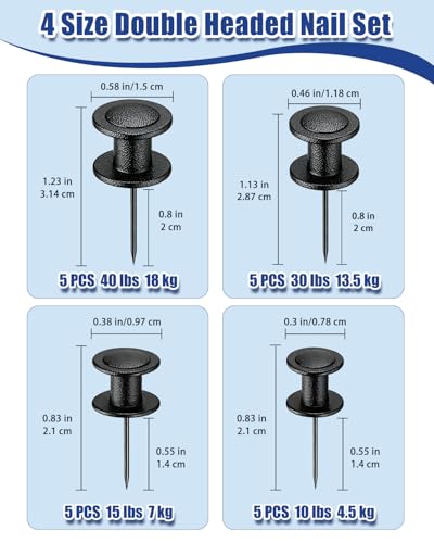 Image of 20 Pcs Double Headed Picture Hangers - 4 Sizes Thumb Tacks (10 /15 /30 /40lb), Heavy Duty Push Pins & Wall Nails for Drywall /Wood, Picture Hanging Nails for Frames, Tapestry, Photos and Decor