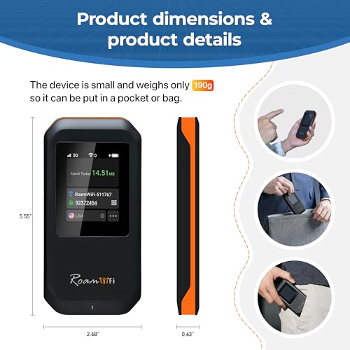 Image of RoamWiFi 5G Mobile Hotspot WiFi6-4nm Chip | 10GB US /CA /MX + 1GB Global Internet Data (170+ Countries) | High-Speed for 16 Devices | 5000mAh Battery, 20H Standby, USB3.1, No SIM Needed Travel Wi-Fi