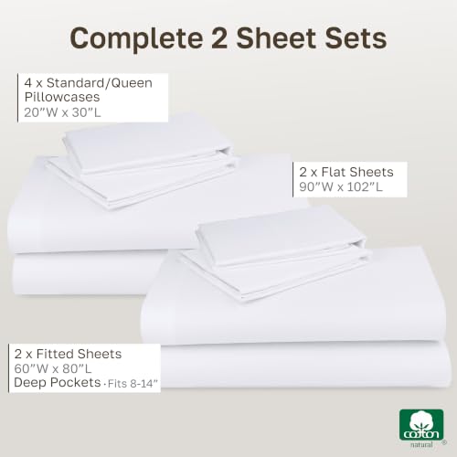 Image of California Design Den 100% Cotton Pack of 2 Sateen Sheets for Queen Size Bed Set - Soft & Durable Sateen, Queen Sheet Set with Deep Pockets (White)