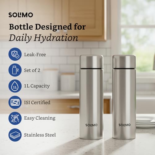 Image of Amazon Brand - Solimo Stainless Steel Water Bottle | Set of 2, (1000ml x 2) | Single Walled, Food Grade, Leakproof Lid Bottle For School Kids, College, Office, Gym, Travel & Outdoor