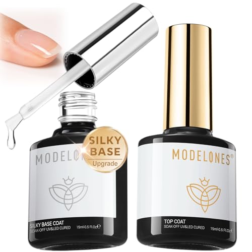 modelones Gel Nail Polish Top Base Coat Set, 15 ML Upgrade Silky Base and Extra Glossy Top Coat Clear No Wipe High Shine Gel Polish Soak Off U V LED Nail Art Home DIY Manicure Gift for Women Beginner