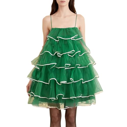 Women Christmas Tree Costume Sequin Ruffle Layered Tulle Tutu Dress Cute Xmas Sleeveless A Line Mini Dress(Green S)