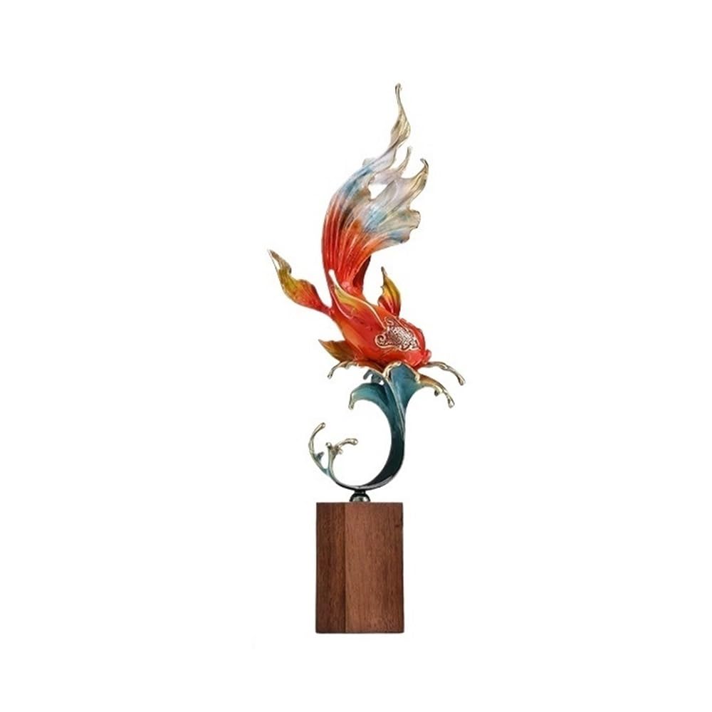 QINGGANG-0224 Desktop Decorations Copper Koi Carp Ornaments Chinese Style Living Room Feng Shui Decorations with Walnut Base