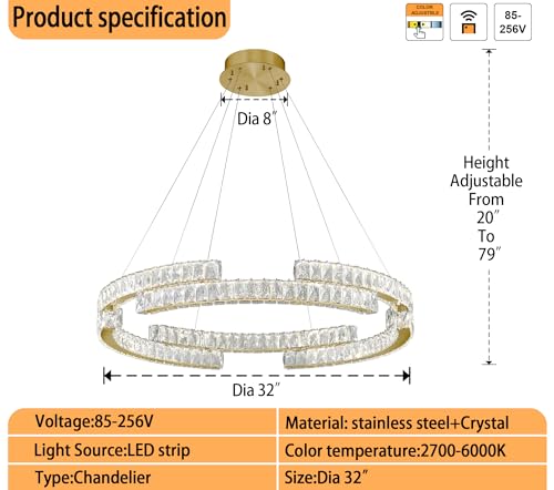 IDEQUY Modern LED Gold Ring Chandelier for Living Room Dinning Room 32in Crystal Ring Pendant Light Dimmable 3000k-6000k by IDEQUY - Image 2