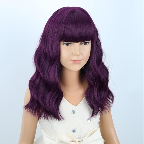 Image of Kids Purple Wig Girls Short Purple Wavy Curly Wigs Child Wig with Air Bangs Synthetic Cosplay Hair Wigs