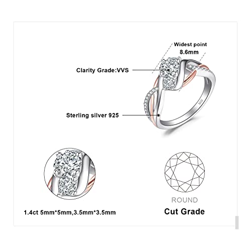 JewelryPalace Infinity Twisted Cubic Zirconia 3 Stones Engagement Ring for Women, Love Knot 925 Sterling Silver 14K Rose Gold Promise Ring for her, Wave Simulated Diamond CZ Anniversary Ring 72