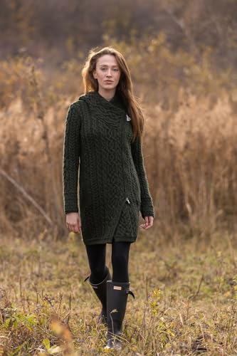 Image of SAOL Ladies Irish Aran Zip Cardigan - 100% Merino Wool Coat with Pockets and Hood, Made in Ireland
