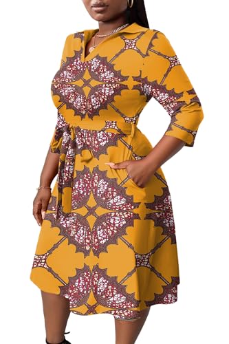 Image of FANDEE Plus Size Midi Dress for Women - Printing Summer Dresses for Wedding Guest Cocktail Party 3 /4 Sleeve V Neck（L-5XL）
