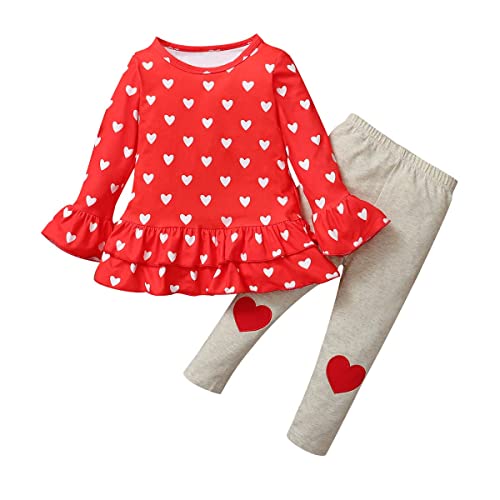 Menglang Valentine's Day Outfit Kids Baby Girl Clothes Red Ruffled Sleeve Top Heart-Shaped Pants Clothes Set For Little Girl