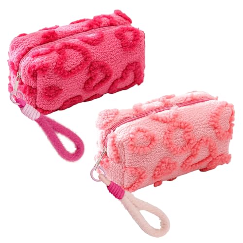 Image of 2 Pack Plush Makeup Bag, Heart Motif Large Cosmetic Bag with Handle