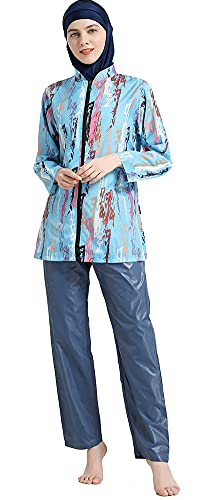 Modest Swimwear for Women Set Digital Printed 3 Piece Swimsuit Conservative Loose Zip Swimming Suit Beachwear Burkini (Blue, L)