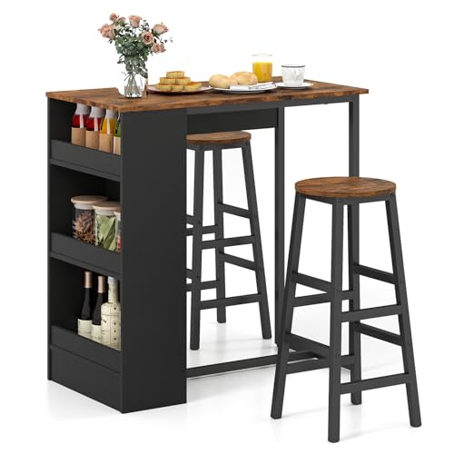 Giantex 3-Pieces Bar Table Set, Rectangular Dining Table and 2 Chairs with Storage Shelves, Kitchen Set for Small Space, Breakfast Nook, Dinette, Pub, Restaurant, Living Room, Rustic Brown