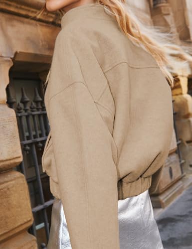 Womens Wool Blend Bomber Jacket Casual Cropped Boxy Fit Coat Elastic Hem Snap Button Outwear with Pockets4