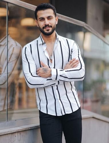 Image of MiraMichi Men's Striped Slim Fit Lycra Shirt | Full Sleeve Stretchable Shirt | Trendy Black and White Vertical Stripes for Casual