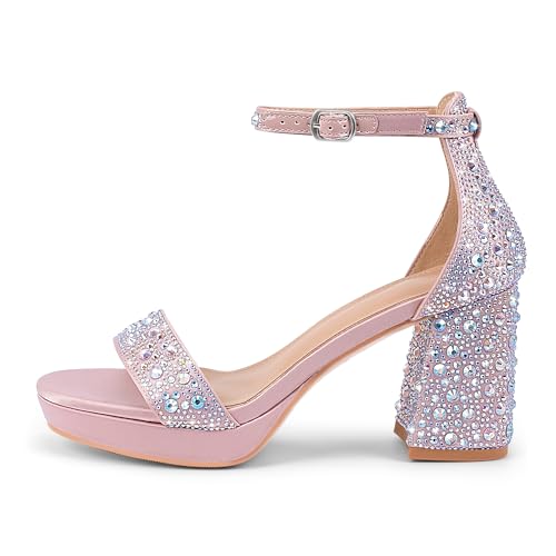 Women's Sparkly Rhinestone Platform Block Heel Sandals Ankle Strap Open Toe Party Wedding Shoes2