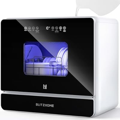 BLITZHOME Countertop Portable Mini Dishwasher, 9 Programs,167? High-Temp, Hot Air Drying, Air Refresh, 360° 3 Spray, 24H Timing, LED Light, 5.2L Built-in Water Tank for Apartments RVs