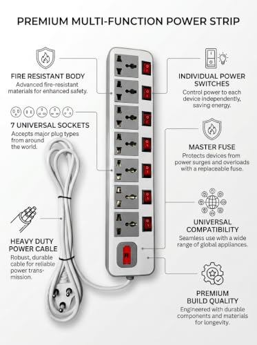 Image of 7 Socket Universal Extension Board with Individual Switches | Heavy Duty Power Strip with Master Switch | Multi Plug Extension Cord for Home, Office, Computer, TV & Appliances