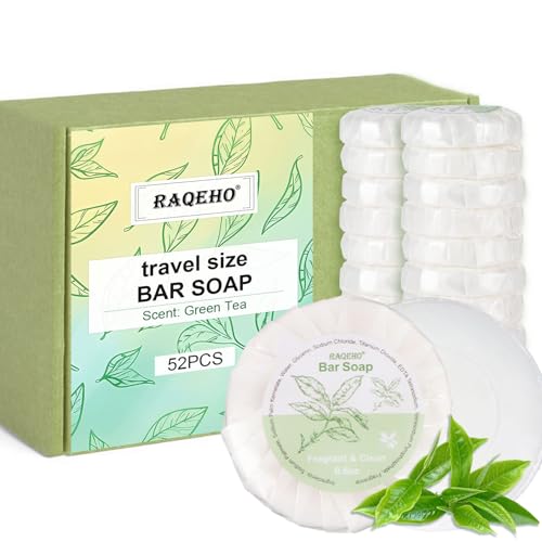 RAQEHO 52 Mini Bar Soap Bulk - Travel Soap Individually Wrapped Body Bath Gentle Soap Bars Men Women Travel Size Toiletries for Homeless Hotel Essentials for Guest Bathroom Airbnb(Green Tea)