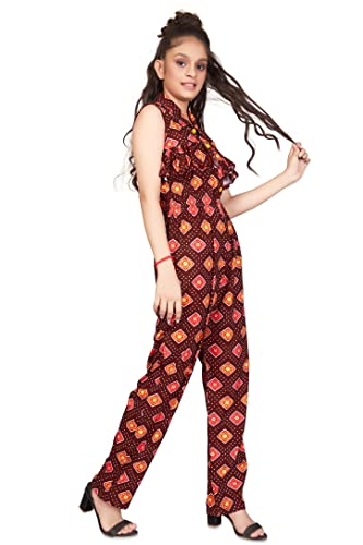 Image of Jwalin Girls Front Button Ruffle Pattern Maxi Jumpsuit(Brown 13-14 Years)